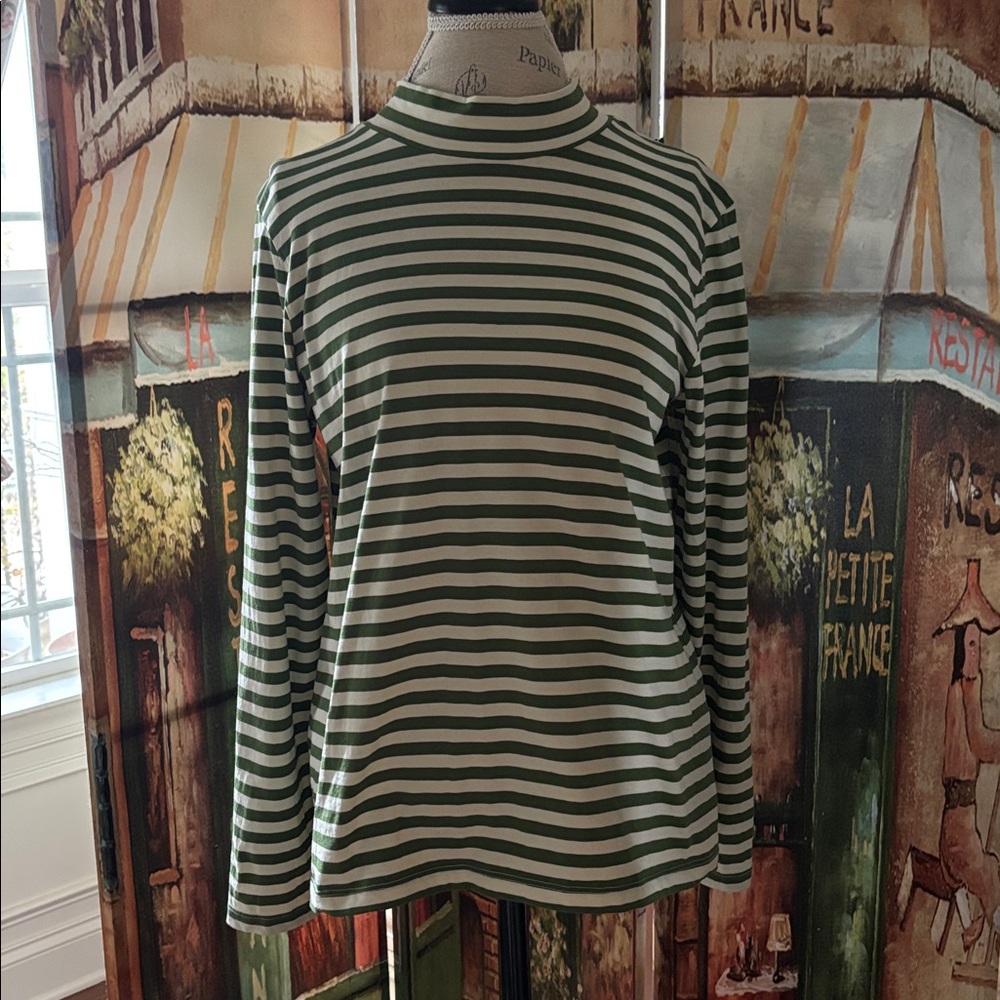 Gudrun Sjoden Striped Mock Turtleneck Top, Green/White, Size Medium